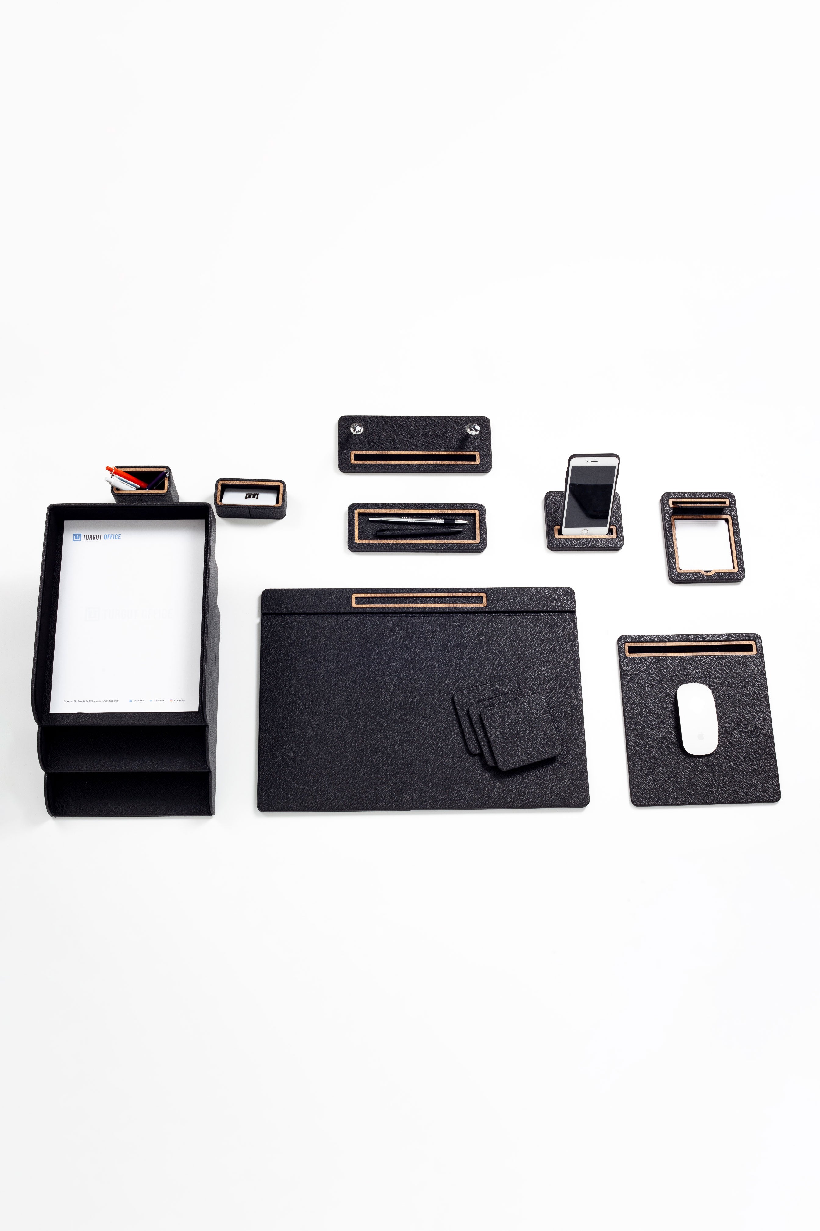 Pera Leather Desk Set 12 Pieces Covered Model With Three Document Shelves