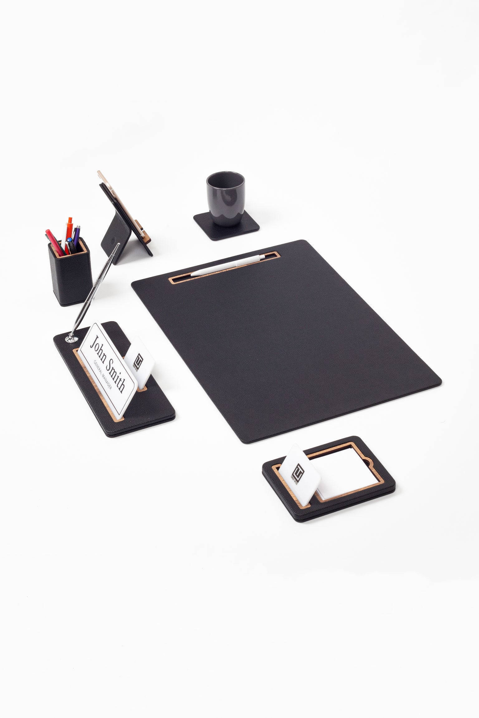 Cavalli Vertical Slatted Leather Desk Set Black 6 Pcs