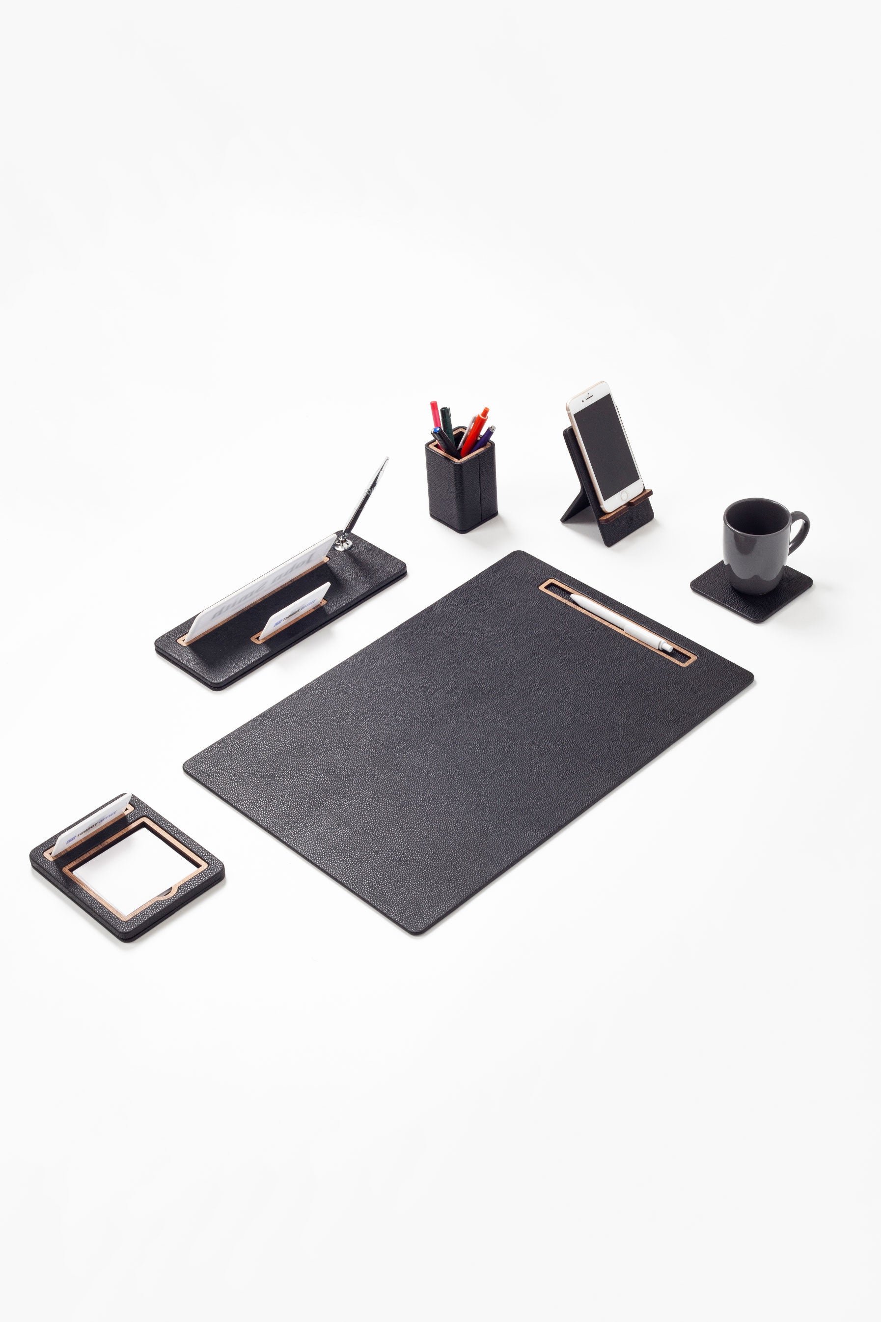 Cavalli Vertical Slatted Leather Desk Set Black 6 Pcs