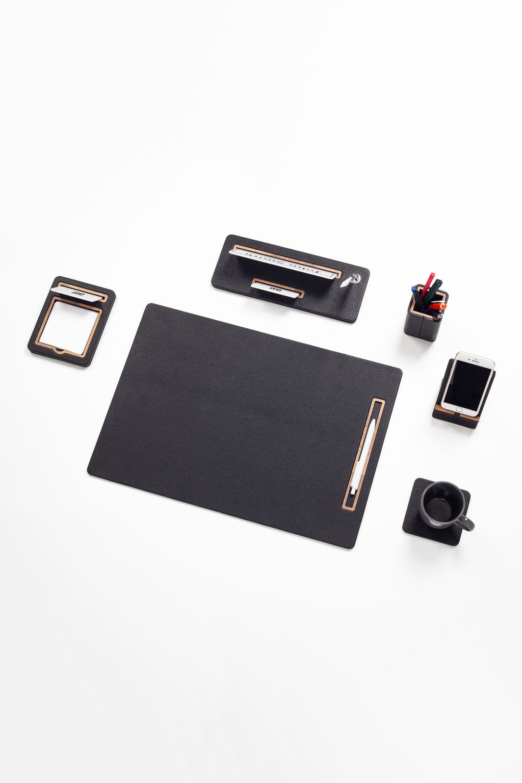 Cavalli Vertical Slatted Leather Desk Set Black 6 Pcs