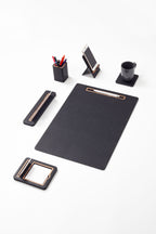 Alya Vertical Slatted Leather Desk Set Black 6 Pcs