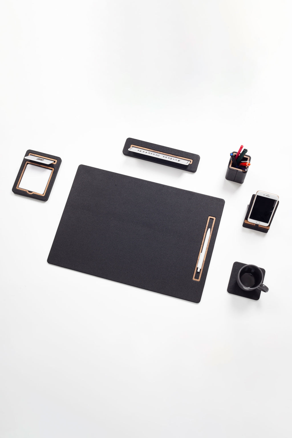 Alya Vertical Slatted Leather Desk Set Black 6 Pcs