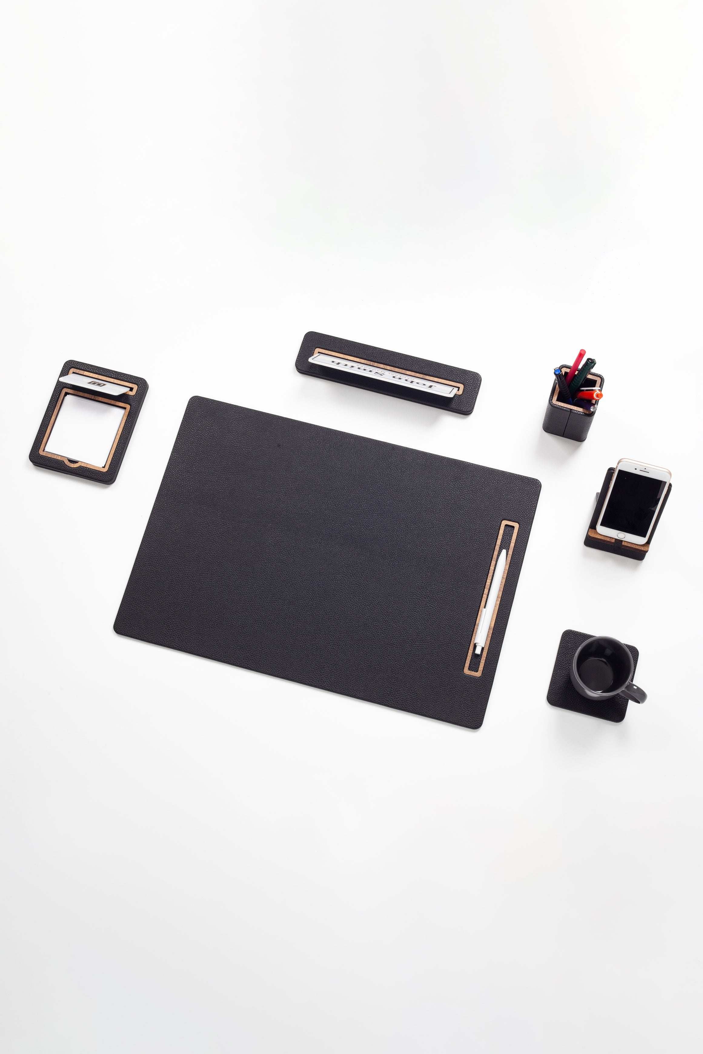 Alya Vertical Slatted Leather Desk Set Black 6 Pcs