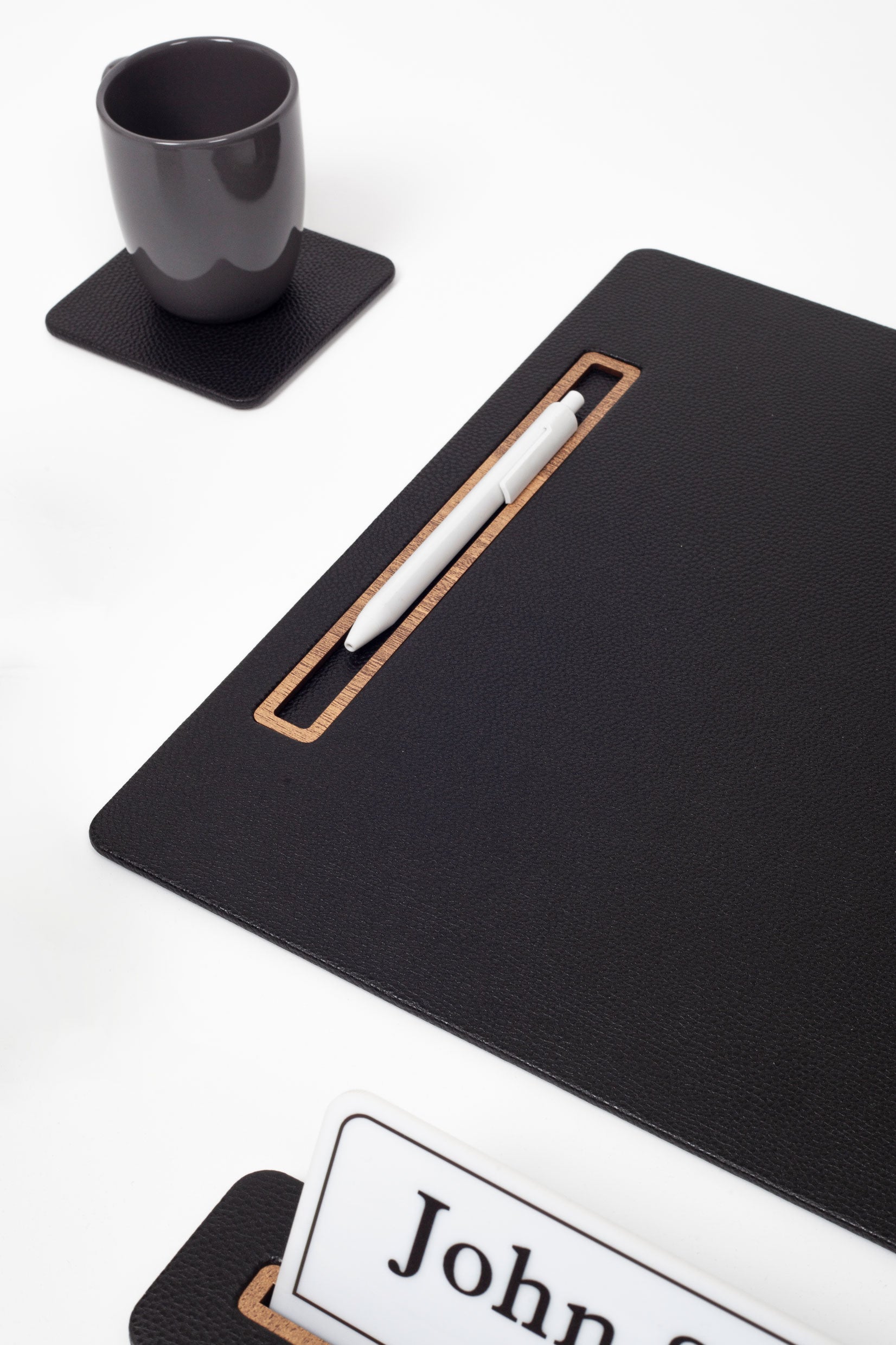 Alya Vertical Slatted Leather Desk Set Black 6 Pcs