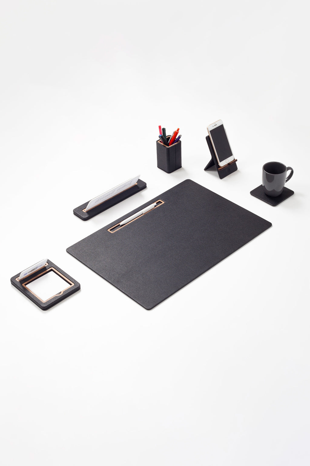 Alya Horizontal Slatted Leather Desk Set Black 6 Pcs