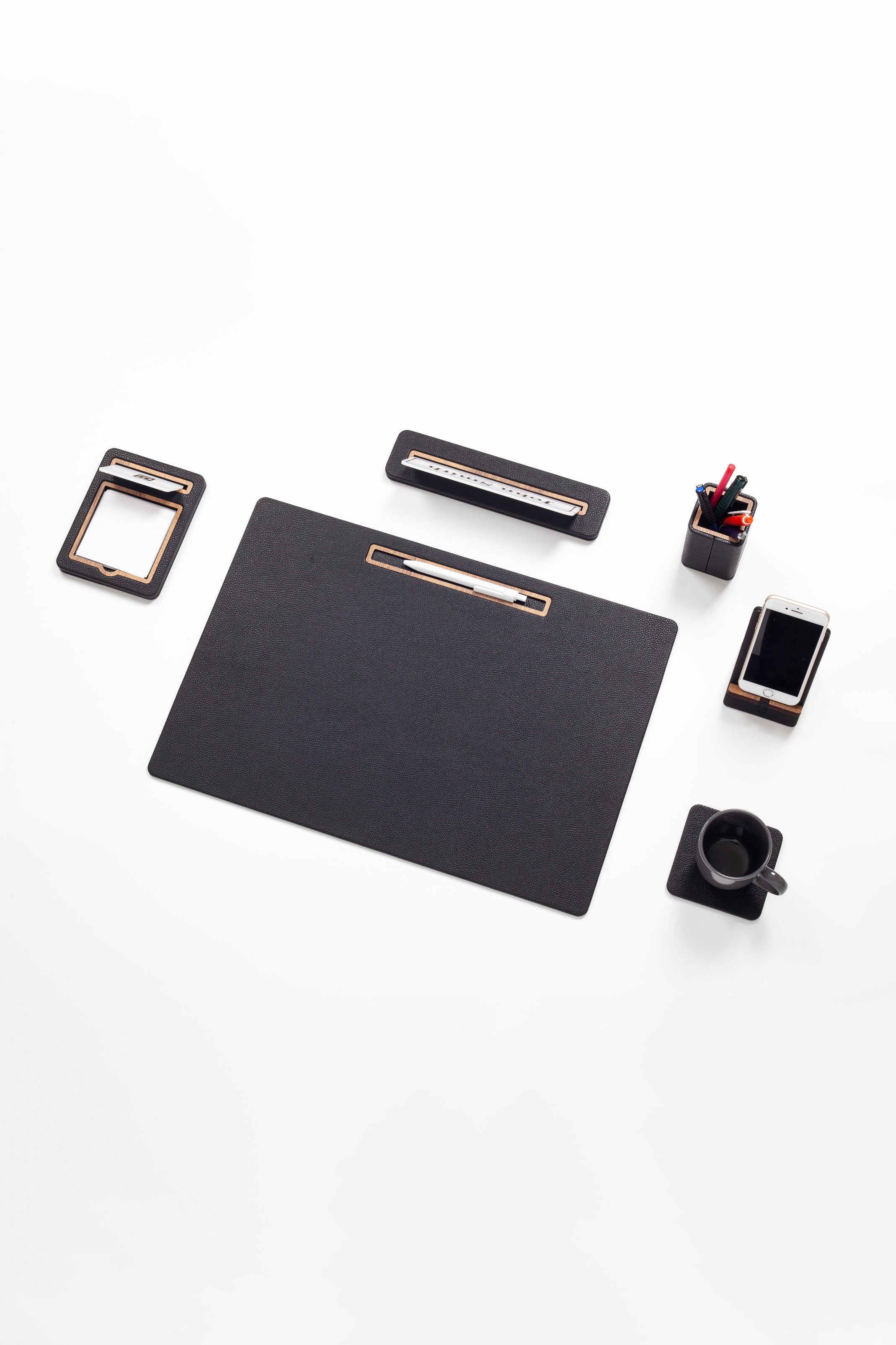 Alya Horizontal Slatted Leather Desk Set Black 6 Pcs