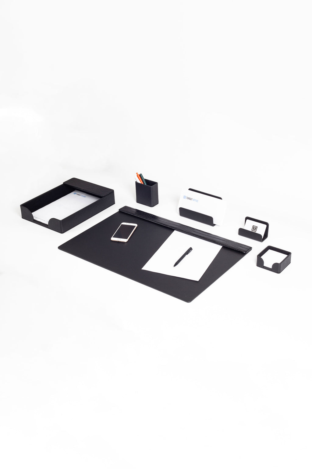 Loft Leather Desk Set Black 6 Pieces Horizontal Coroco Detailed