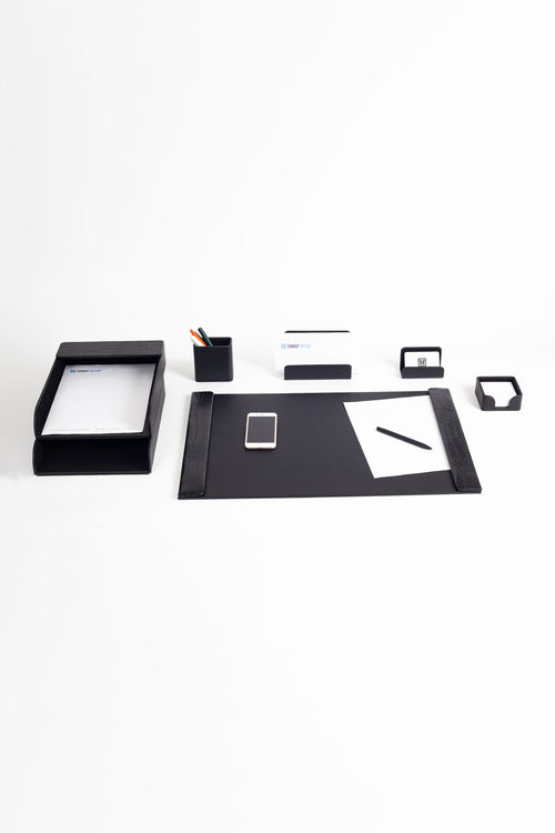 Juego de escritorio de cuero Loft negro, 7 piezas, vertical, con detalles Coroco