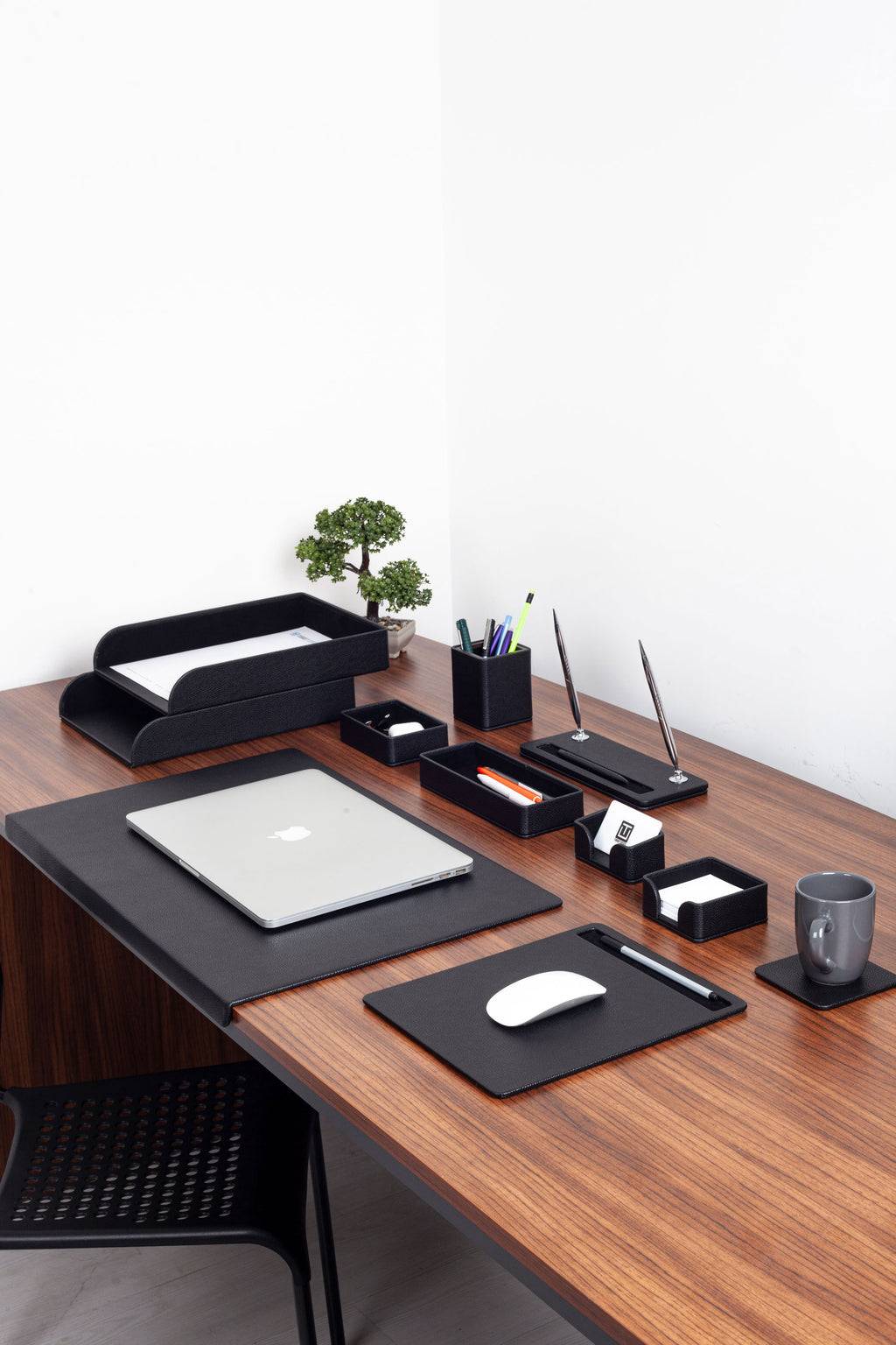Roma Edge Leather Desk Set Black 11 Pieces With Double Document Shelf
