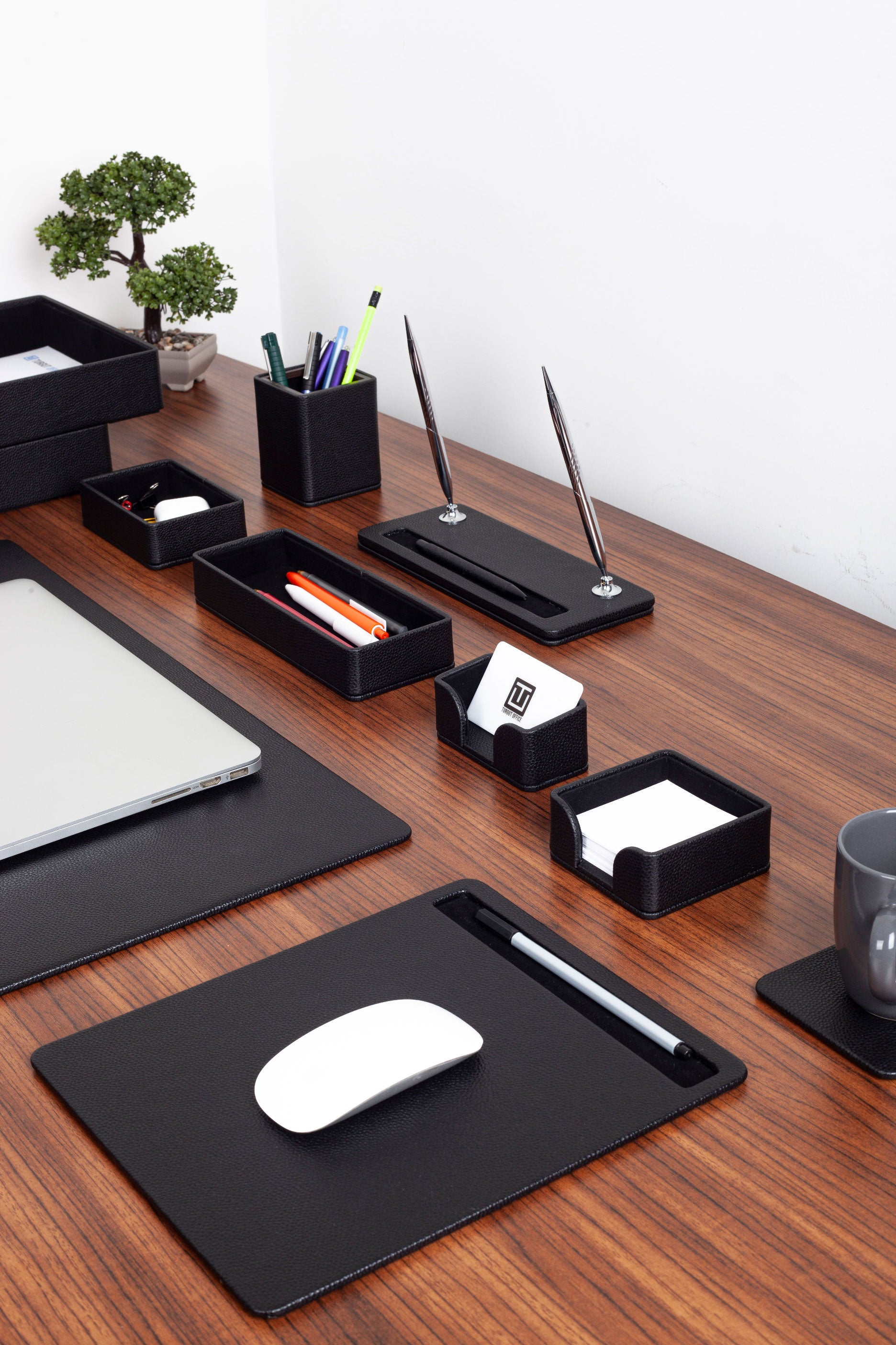 Roma Edge Leather Desk Set Black 11 Pieces With Double Document Shelf