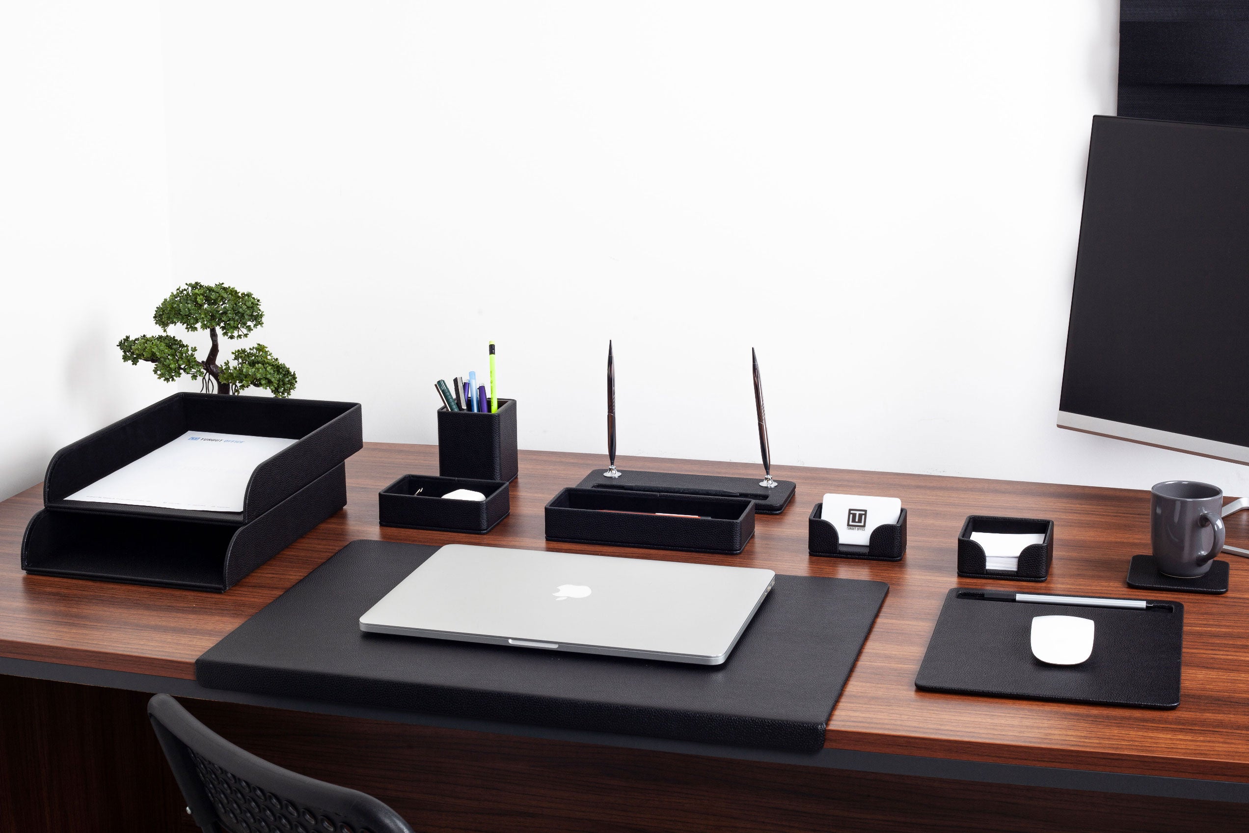 Roma Edge Leather Desk Set Black 11 Pieces With Double Document Shelf