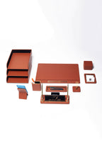 Capella Leather Desk Set Tan 11 Pieces Covered Model With Three Document Shelves