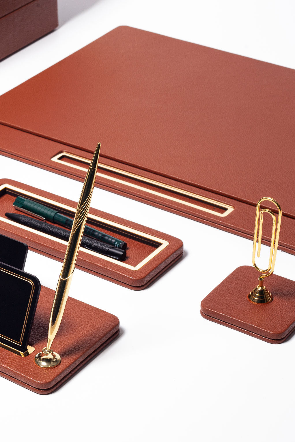 Capella Leather Desk Set Tan 11 Pieces Covered Model With Three Document Shelves