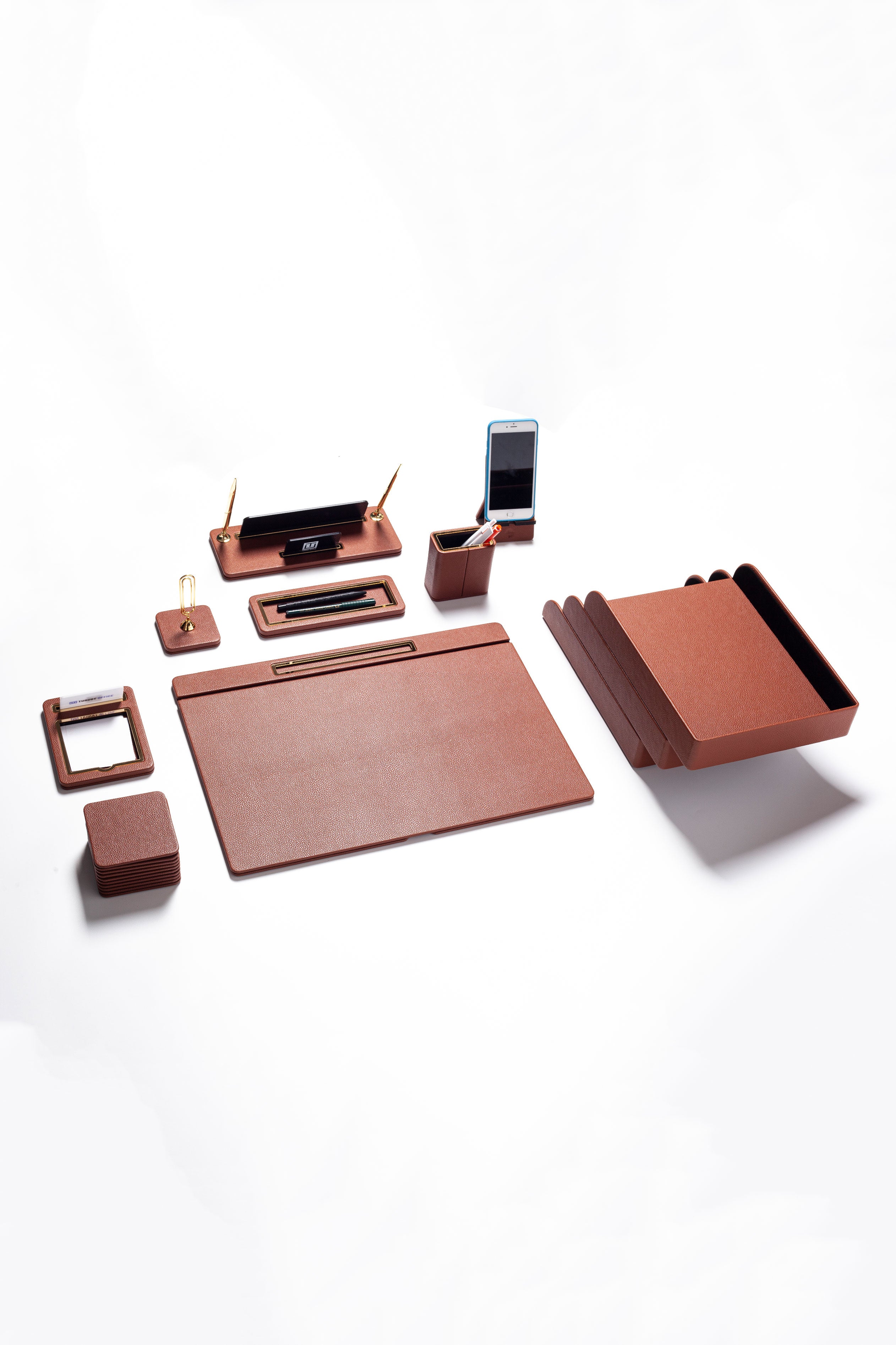 Capella Leather Desk Set Tan 11 Pieces Covered Model With Three Document Shelves