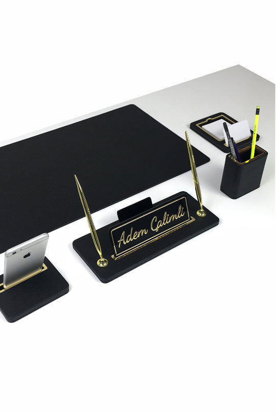 Capella Leather Desk Set Black Gold Detailed 7 Pieces