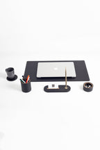Polo Plus Leather Desktop Set Black 5 Pieces Wooden Detailed