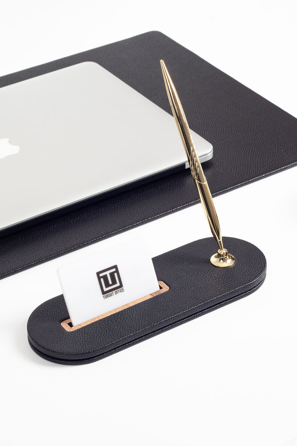 Polo Plus Leather Desktop Set Black 5 Pieces Wooden Detailed