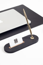 Polo Plus Leather Desktop Set Black 5 Pieces Wooden Detailed