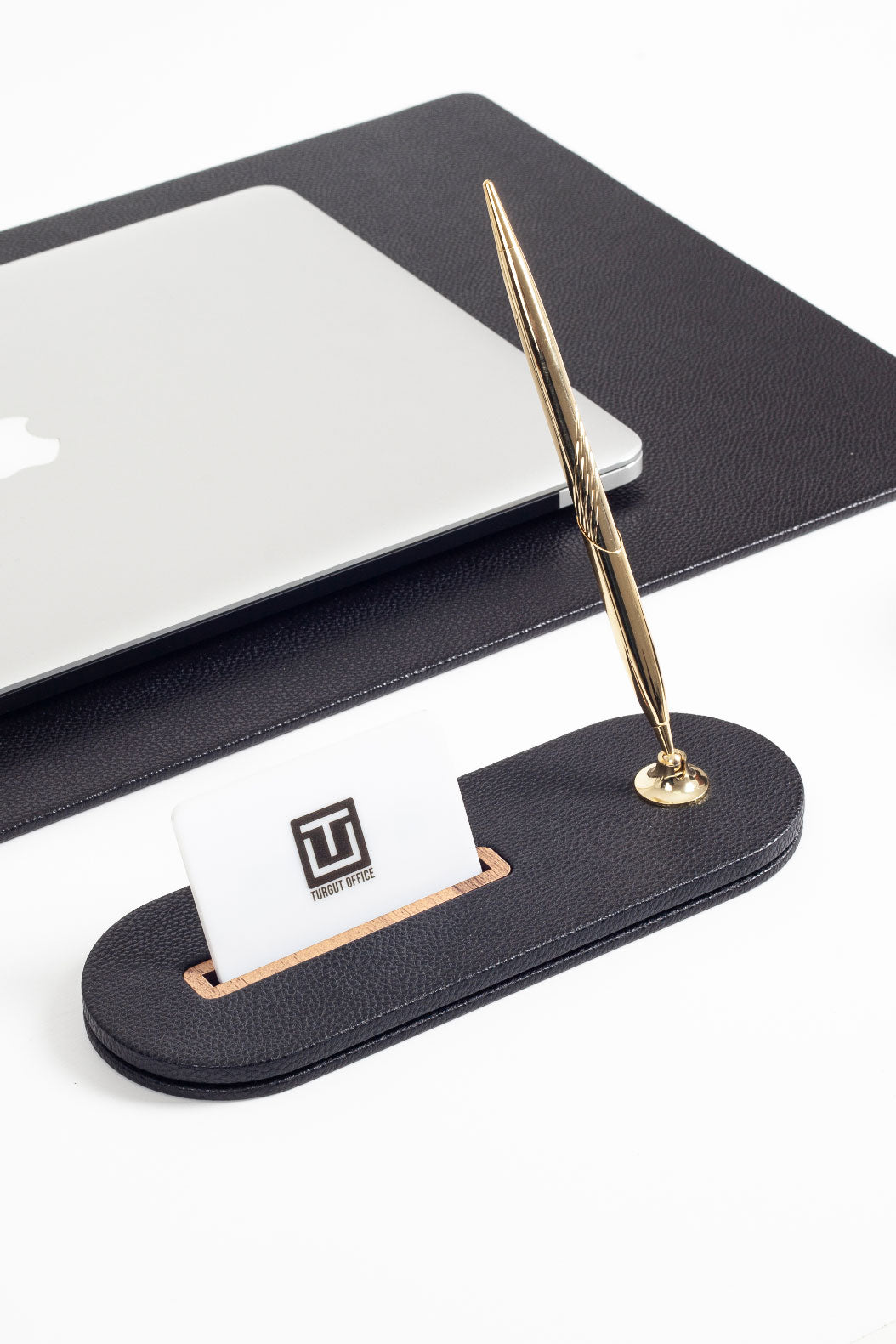 Polo Plus Leather Desktop Set Black 5 Pieces Wooden Detailed