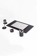 Polo Leather Desktop Set Black 5 Pieces Wooden Detailed With Gold Pen