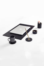 Polo Leather Desktop Set Black 5 Pieces Wooden Detailed With Gold Pen