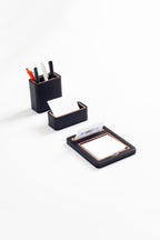 Capella Leather Desktop Set Black 3 Pcs. Wooden Detailed