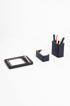 Capella Leather Desktop Set Black 3 Pcs. Wooden Detailed