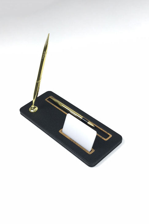 Porto Leather Desk Pen Unit Black Wooden Deaty