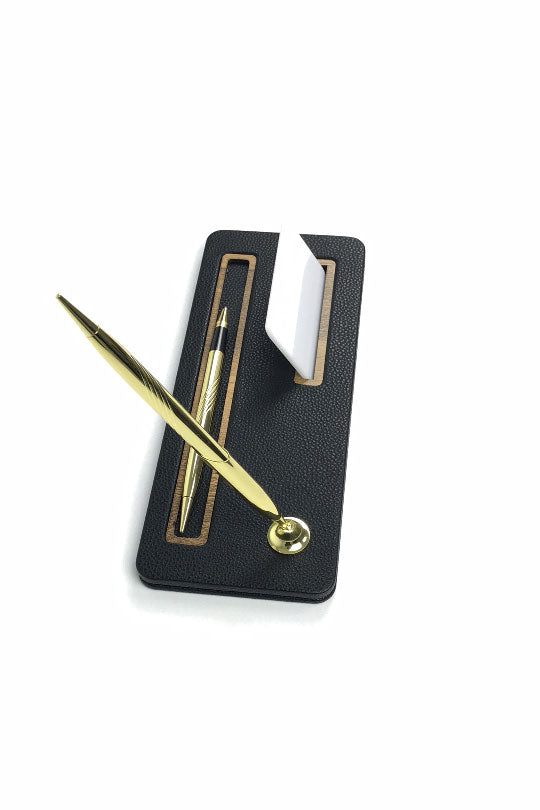 Porto Leather Desk Pen Unit Black Wooden Deaty