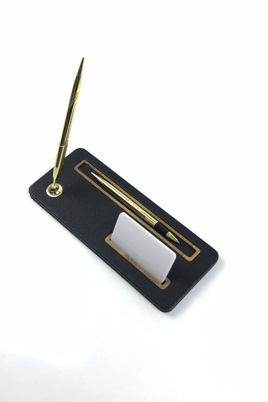 Porto Leather Desk Pen Unit Black Wooden Deaty