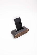 Leather Phone Holder Wooden Detail Sound Guided