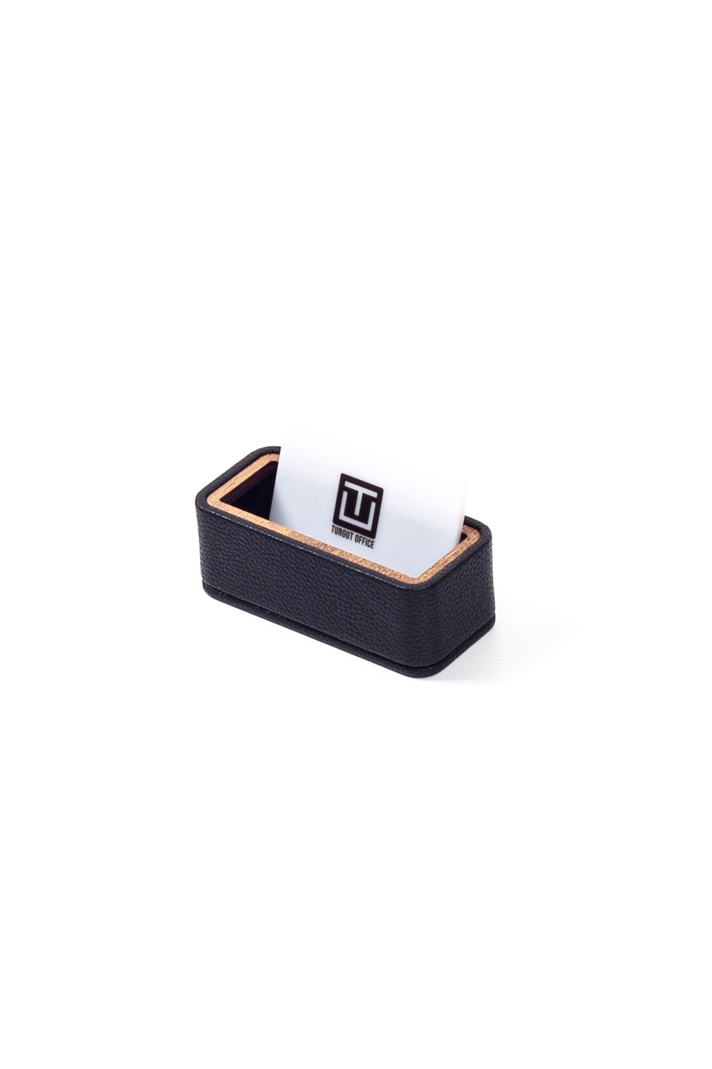 Leather Wood Detailed Business Card Holder Black