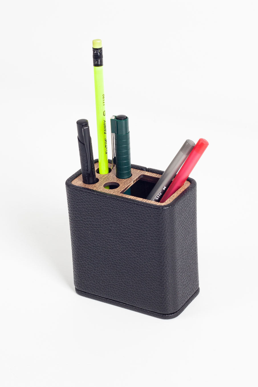 Desktop Leather Wood Detailed Pen Holder Black