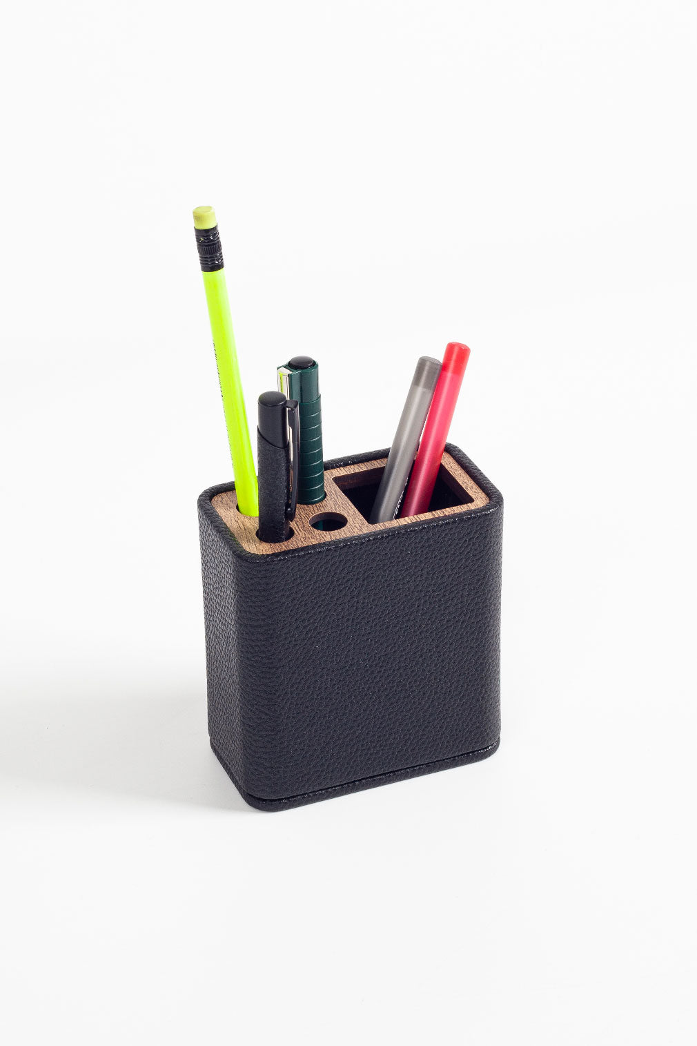 Desktop Leather Wood Detailed Pen Holder Black