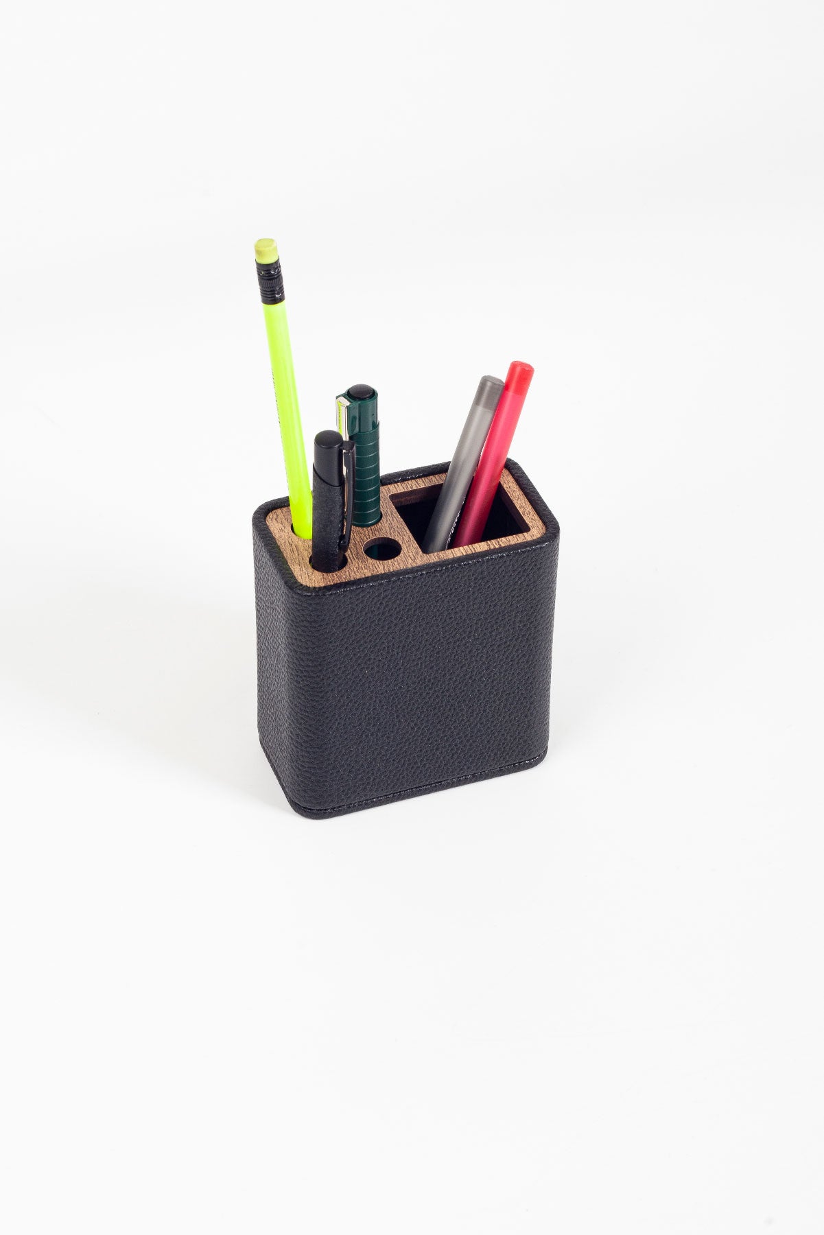 Desktop Leather Wood Detailed Pen Holder Black