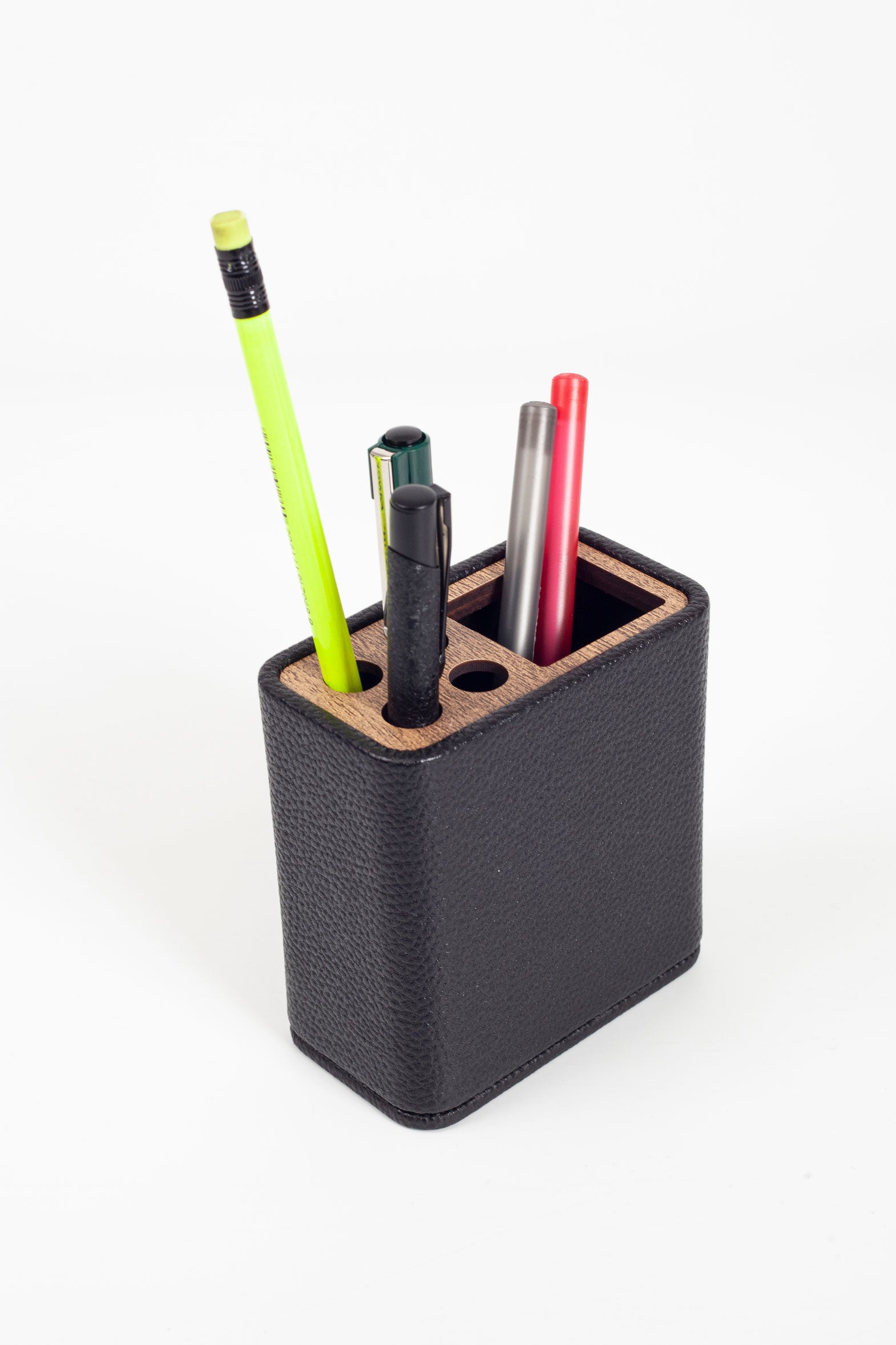 Desktop Leather Wood Detailed Pen Holder Black