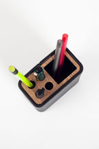 Desktop Leather Wood Detailed Pen Holder Black