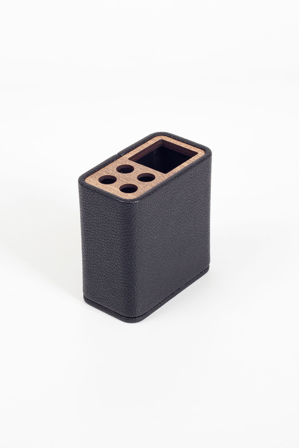 Desktop Leather Wood Detailed Pen Holder Black