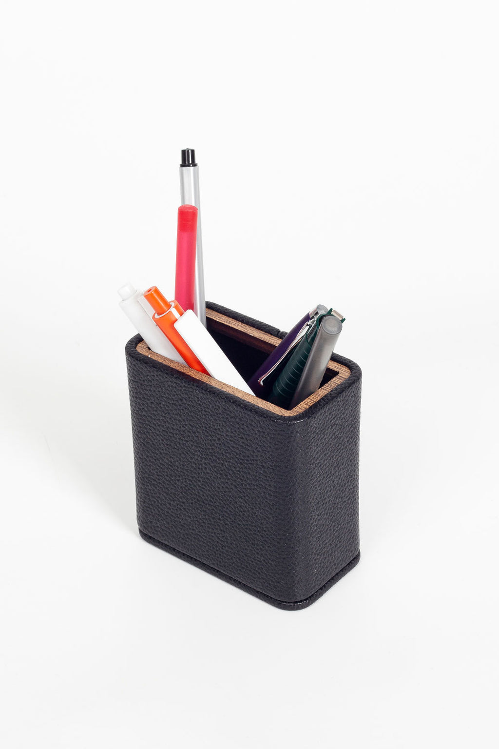 Desktop Leather Wood Detailed Pencil Holder Black