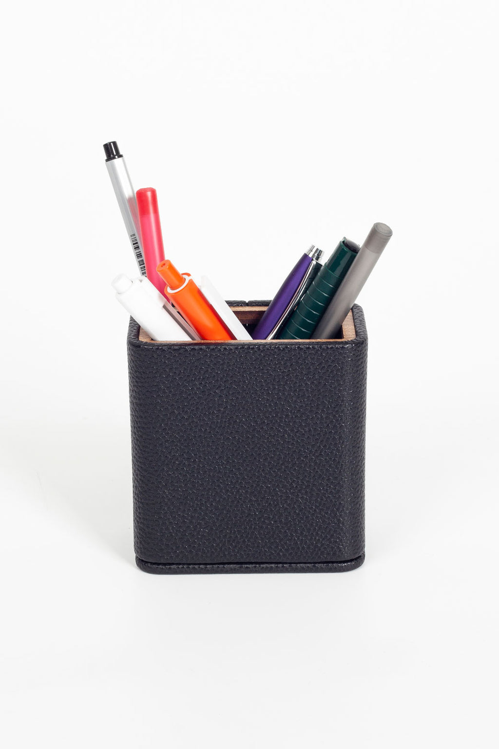 Desktop Leather Wood Detailed Pencil Holder Black