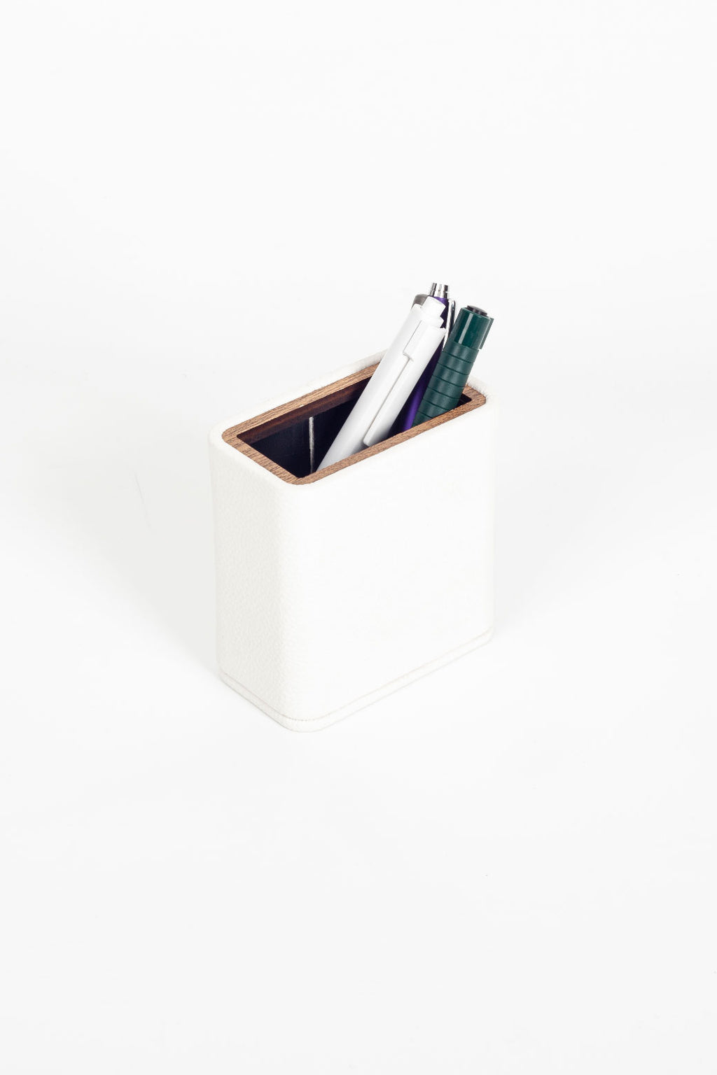 Desktop Leather Wood Detailed Pencil Holder White