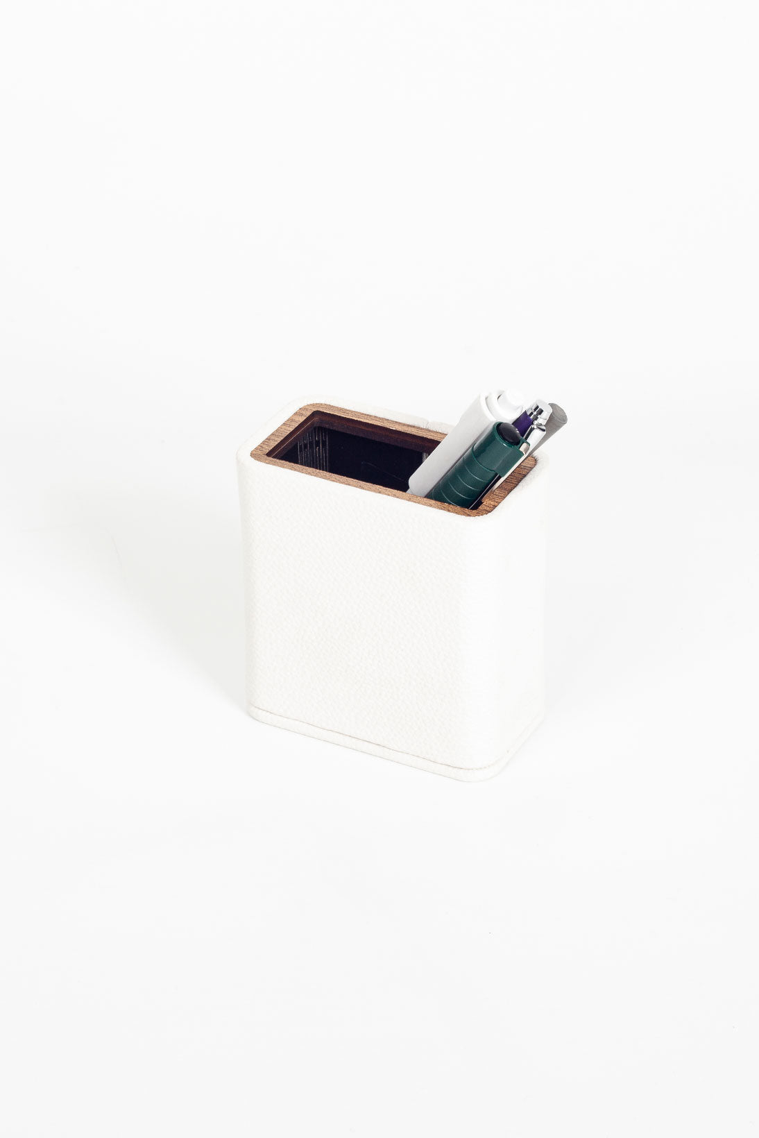 Desktop Leather Wood Detailed Pencil Holder White