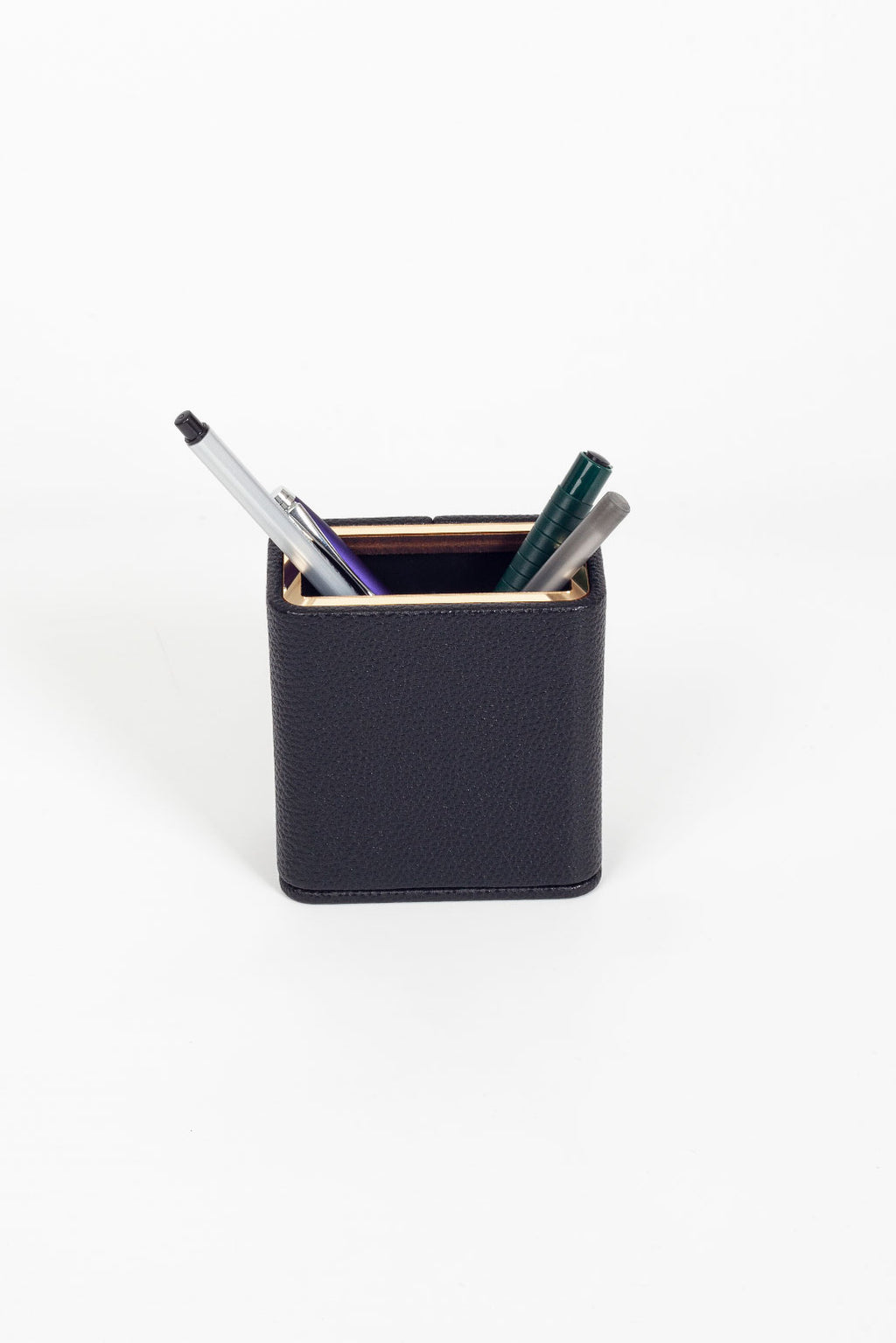 Desktop Leather Gold Detailed Pen Holder Black