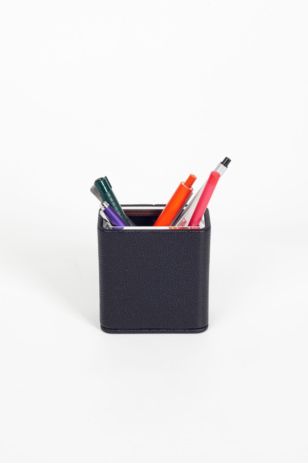 Desktop Leather Chrome Detailed Pencil Holder Black
