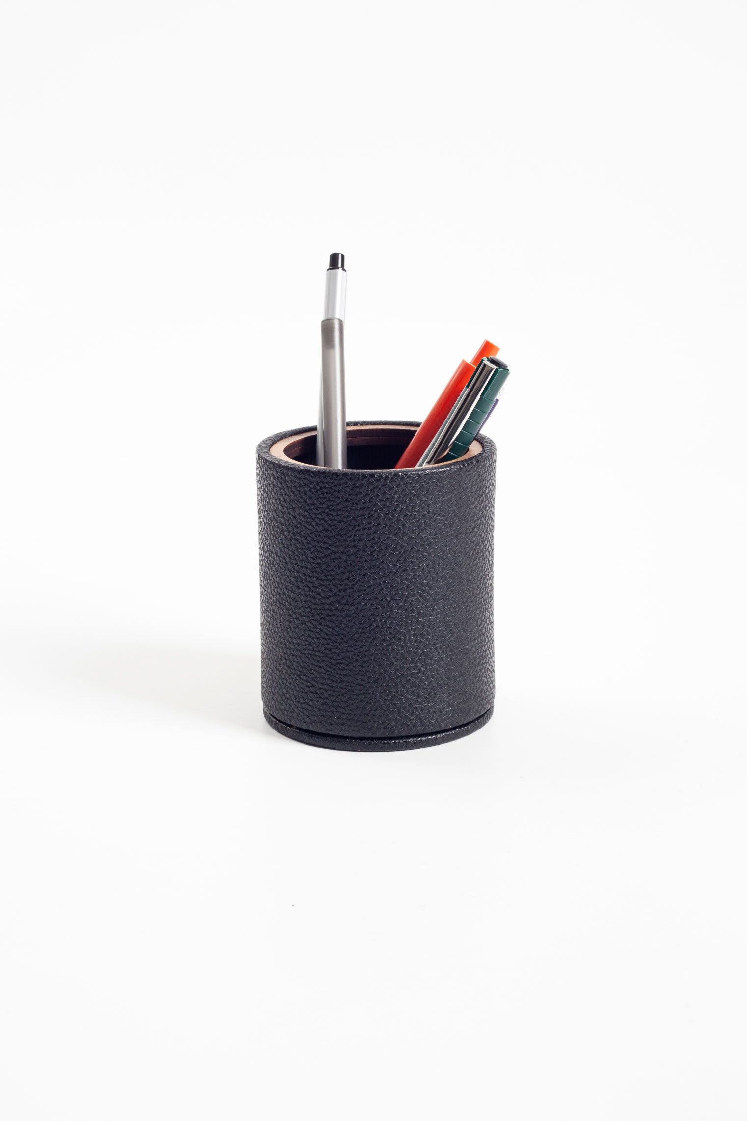 Desktop Leather Oval Wooden Detailed Pencil Holder Black