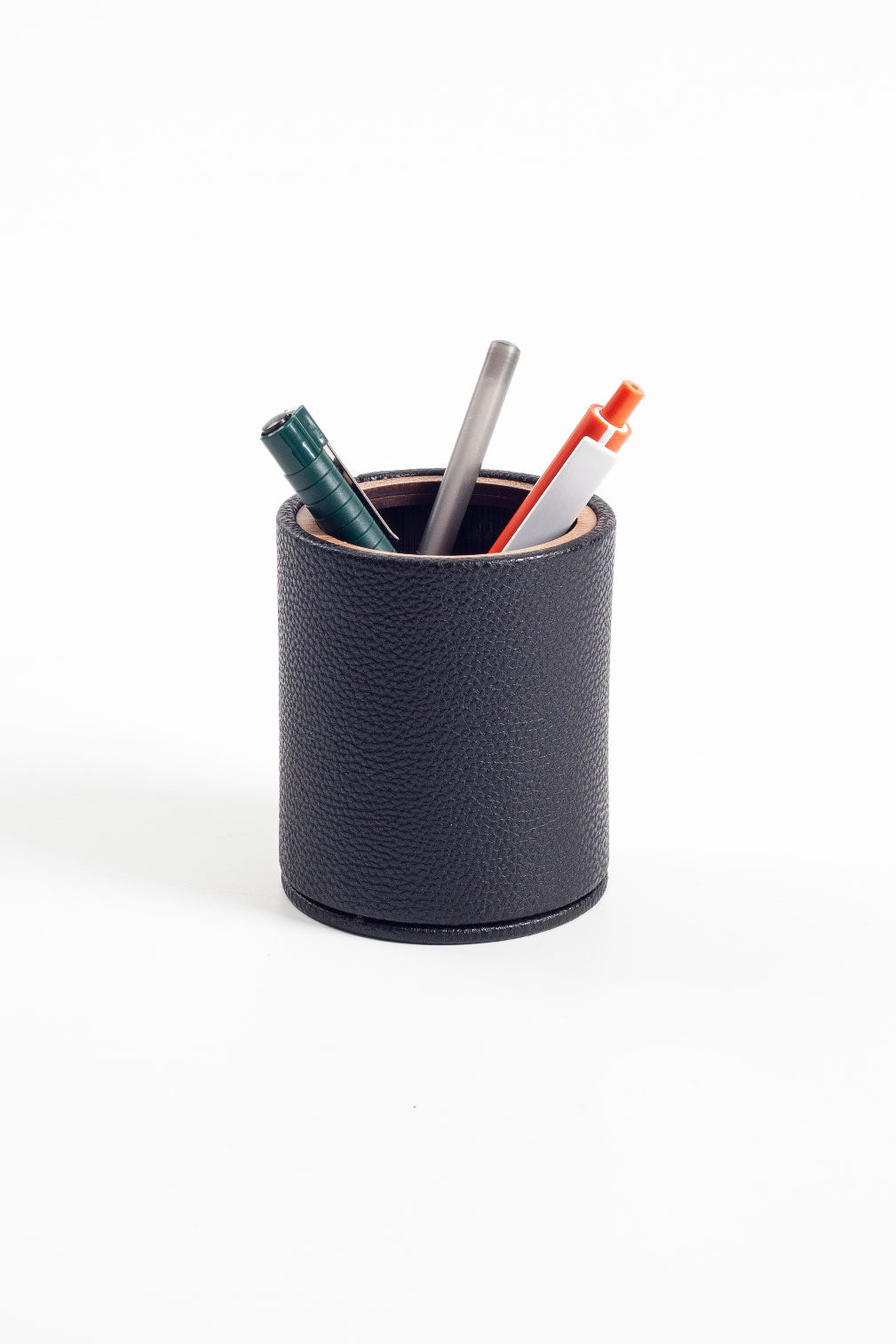 Desktop Leather Oval Wooden Detailed Pencil Holder Black