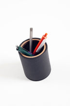 Desktop Leather Oval Wooden Detailed Pencil Holder Black