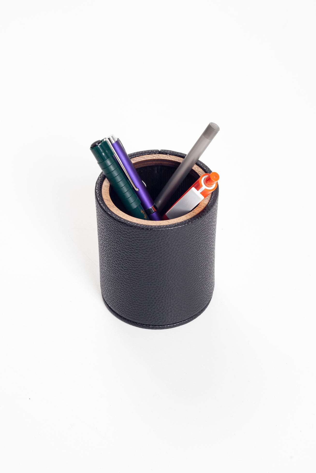 Desktop Leather Oval Wooden Detailed Pencil Holder Black