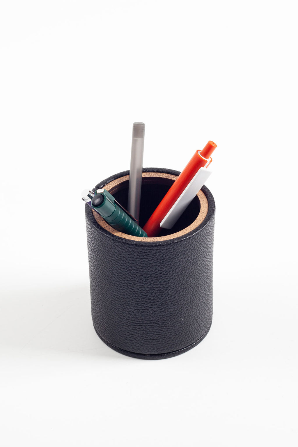 Desktop Leather Oval Wooden Detailed Pencil Holder Black
