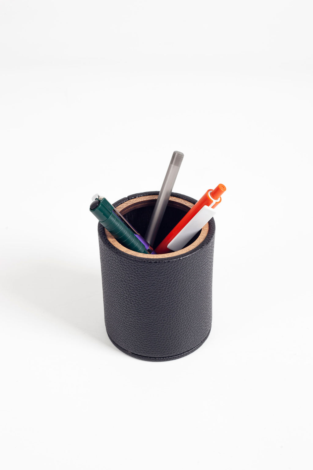 Desktop Leather Oval Wooden Detailed Pencil Holder Black